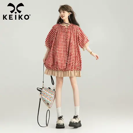 KEIKO 日系复古红色格子花苞裙子25夏季田园风小个子宽松连衣裙图片