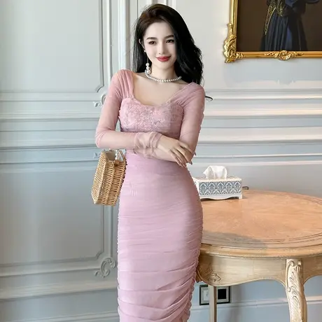 网纱褶皱温柔风绝美漂亮连衣裙女性感轻奢名媛气质一字肩包臀裙子图片