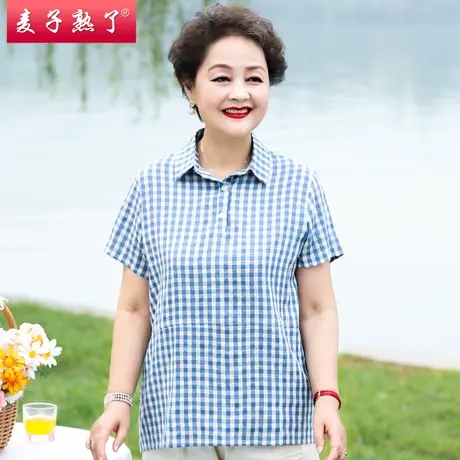 妈妈夏装休闲格子小衫上衣服中老年人女装洋气短袖T恤春夏新款薄商品大图