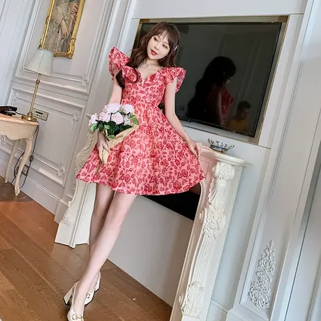 法式甜美小碎花裙女气质设计感小众高腰显瘦a字公主裙短袖连衣裙图片