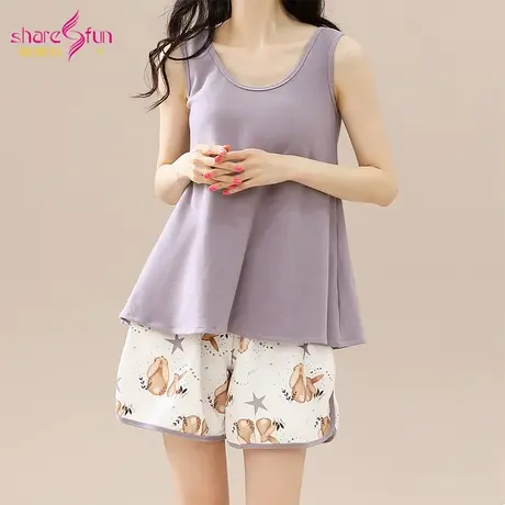 sharefun/霞黛芳纯棉香芋紫背心短裤家居服女可外穿宽松睡衣套装图片