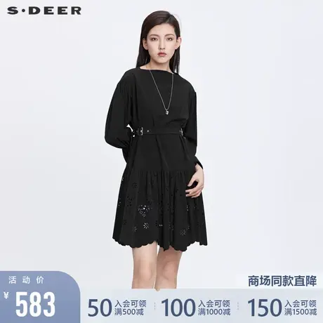 sdeer圣迪奥2022春夏新品一字领收腰镂空喇叭袖连衣裙女S22181212图片
