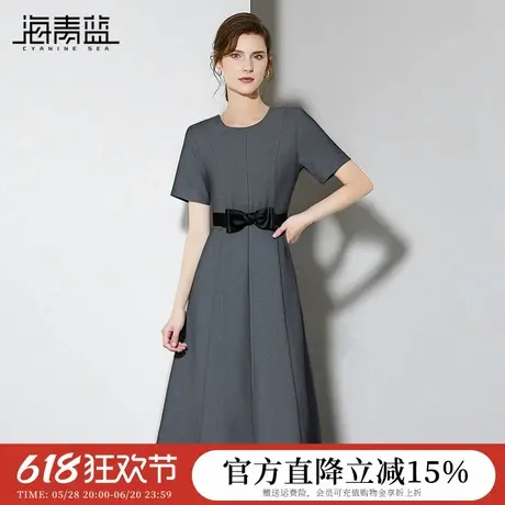 海青蓝 短袖裙子夏装女装2025新款蝴蝶结拼接a字中长款连衣裙女图片