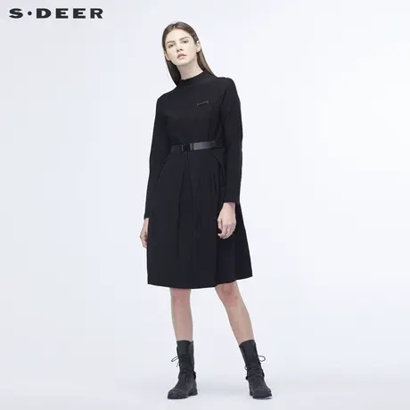 sdeer圣迪奥肌理休闲半高领立体字母收腰长袖连衣裙S18481256图片