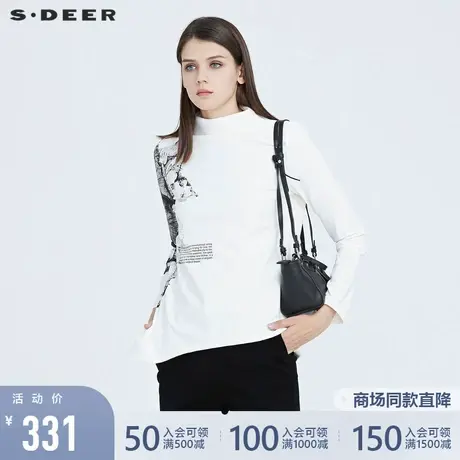 sdeer圣迪奥冬季女装半高领水墨印花不规则长袖白色T恤S20480219商品大图
