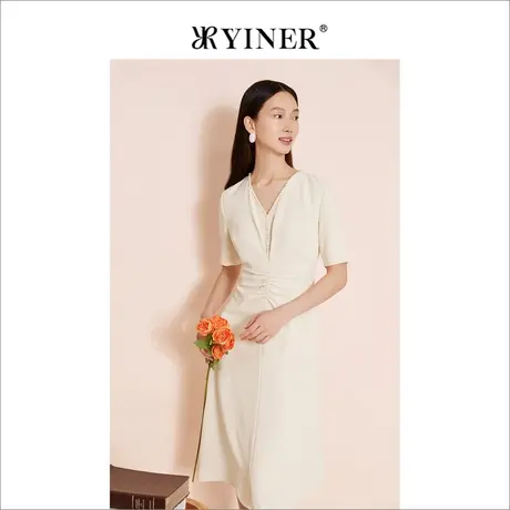 YINER音儿女装夏季法式优雅钉钻V领收腰收褶连衣裙图片