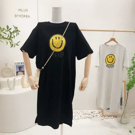 夏季chic慵懒宽松休闲连衣裙韩国东大门ins笑脸长款过膝裙子大码图片