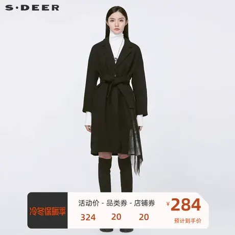 sdeer圣迪奥女装平驳领收腰网纱印花拼接毛呢大衣S20481824图片