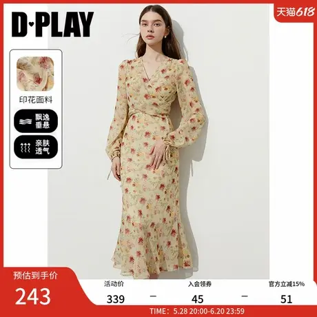 DPLAY2025年春季新款黄色连衣裙女法式气质印花雪纺裙子长裙长袖图片