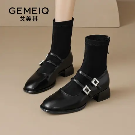 戈美其复古玛丽珍袜靴女2024新款春秋法式针织弹力瘦瘦靴粗跟短靴图片