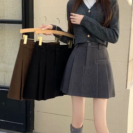 2025新款韩系学院风毛呢西装百褶裙女高腰显瘦a字短裙春秋装裙子图片