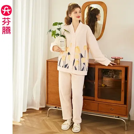 芬腾珊瑚绒睡衣女秋冬季保暖法兰绒V领休闲宽松可外穿家居服套装图片
