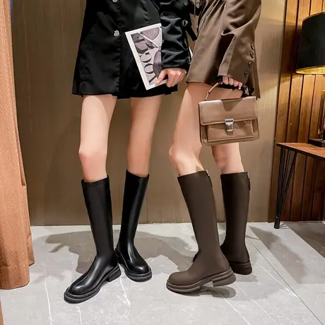 不过膝长靴女粗跟2024年秋冬新款时尚百搭小个子瘦瘦靴圆头长筒靴商品大图
