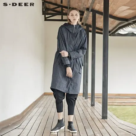 sdeer圣迪奥春秋女装条纹几何口袋抽绳连帽收腰长款风衣S19361807图片