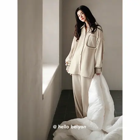 贝妍新款睡衣女秋冬季珊瑚绒时尚开衫女保暖海岛绒大码家居服套装图片