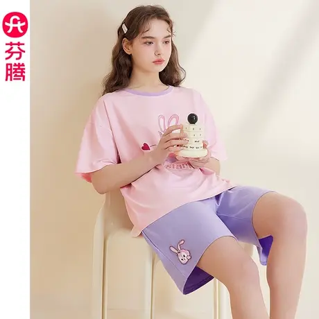 芬腾粉黛兔睡衣女夏纯棉短袖薄款卡通可爱大码休闲全棉家居服套装商品大图