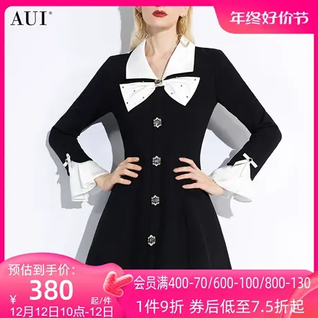 AUI洋气减龄收腰黑色连衣裙女秋冬2024新款气质小香风长袖A字裙子图片