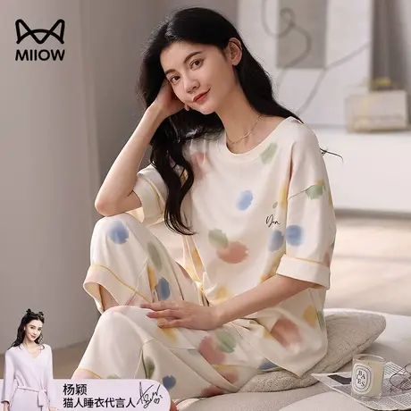 猫人纯棉睡衣夏季女款2024新款夏天全棉大码短袖七分裤家居服套装图片