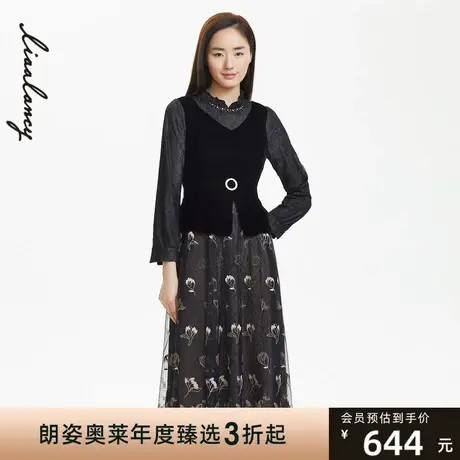 朗姿奥莱春季新款连衣裙朗姿优雅修身拼接刺绣假礼服连衣裙图片