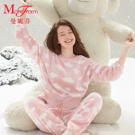 曼妮芬法兰绒厚款女士家居服套装舒适暖绒圆领秋冬睡衣20320526商品大图