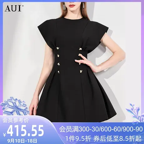 AUI黑色设计感连衣裙女2023夏季新款赫本风小众气质修身a字中长裙图片