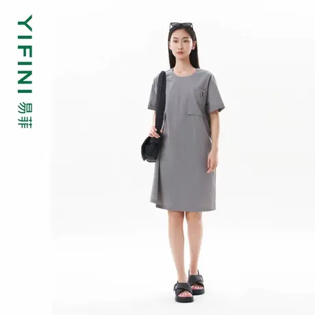 [专柜同款]Yifini/易菲宽松气质中长款直筒短袖连衣裙女夏季新款图片