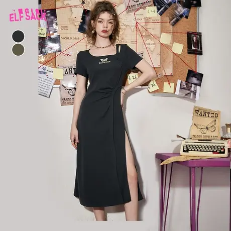 妖精的口袋开叉方领连衣裙女2023夏季新款黑色收腰修身开叉t恤裙图片