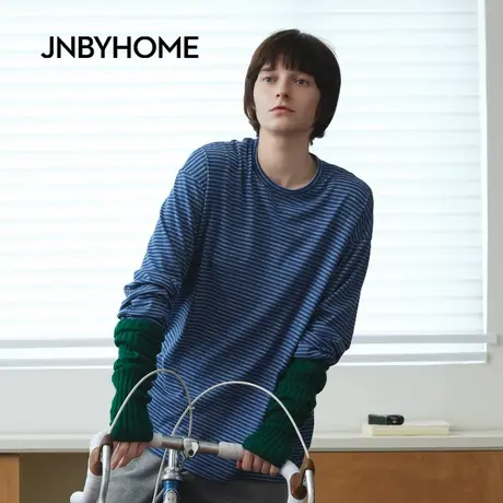 JNBYHOME江南布衣25年秋季新品圆领长袖T恤条纹针织套头睡衣家居图片