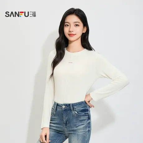 三福女秋季英文织标长袖单衣打底衫 休闲轻暖内搭外穿上衣507937图片