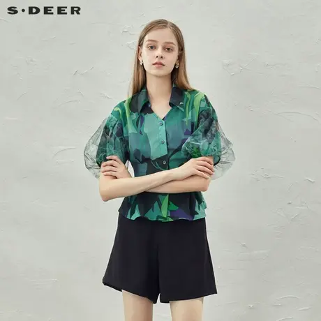 sdeer圣迪奥女装复古翻领印花压褶网纱短袖衬衫S232Z04C7商品大图