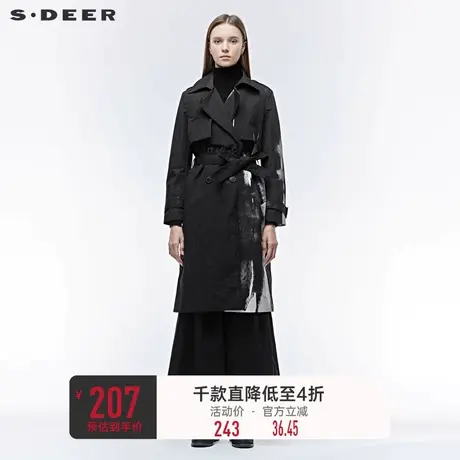 sdeer圣迪奥女装翻领双排扣水墨晕染开衩中长款收腰风衣S19381843图片