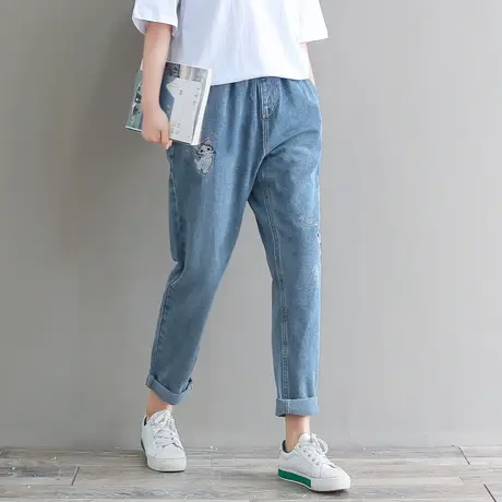 胖妹妹九分牛仔裤女春2023新款韩版显瘦宽松直筒松紧腰牛仔裤女图片
