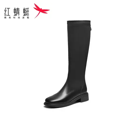 红蜻蜓长筒靴冬季高筒拉链时装靴厚底粗跟显瘦不过膝机车骑士靴女图片