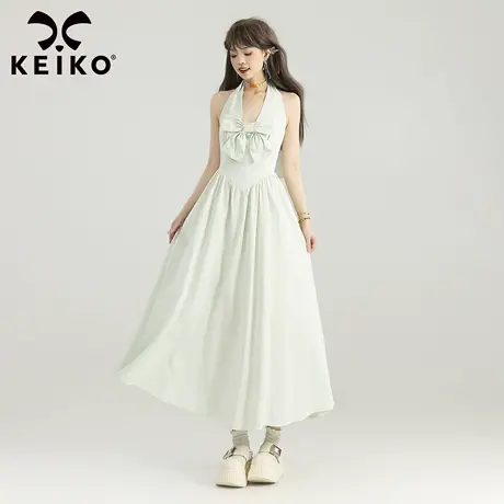 KEIKO 蝴蝶结饰收腰挂脖连衣裙夏季法式温柔掐腰显瘦露背吊带长裙图片