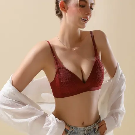 内衣女小胸聚拢蕾丝性感法式三角杯红色本命年结婚新婚文胸罩bra图片