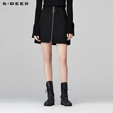 sdeer圣迪奥2018冬装新款欧美酷黑高腰拉链半身裙短裙女S17481360图片