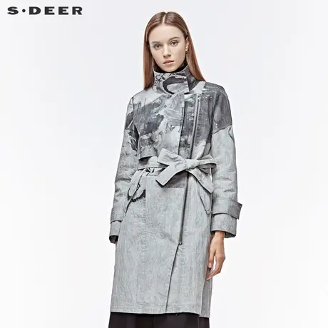 sdeer圣迪奥女立领斜襟字母印花水墨晕染搭片收腰风衣S19381859图片