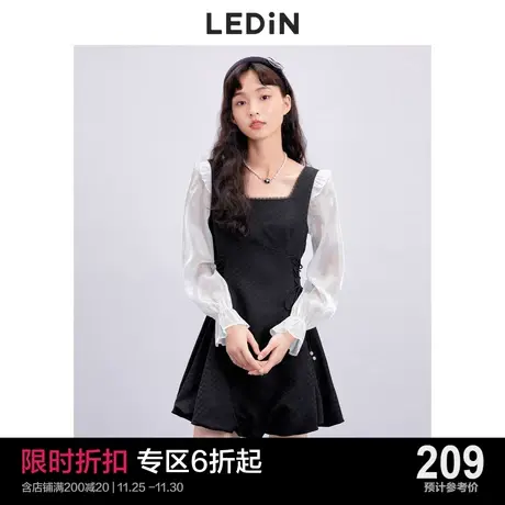 乐町方领拼接连衣裙休闲秋季新款雪纺系带收腰富贵千金小黑裙图片