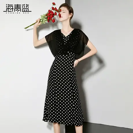 海青蓝设计感波点连衣裙女2024新款夏季气质优雅蝙蝠袖收腰中长裙图片
