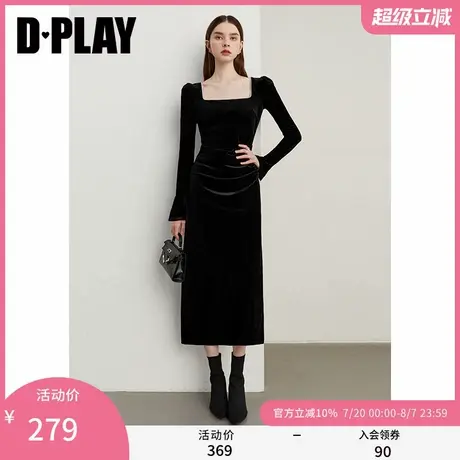 DPLAY冬季新款法式黑色方领褶皱设计显瘦长款连衣裙长袖女图片
