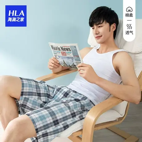 HLA/海澜之家夏季纯棉沙滩裤男宽松休闲五分睡裤居家格子短裤薄图片