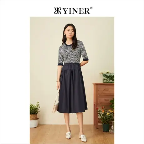 YINER音儿女装夏时尚字母印花五分袖拼接针织连衣裙图片