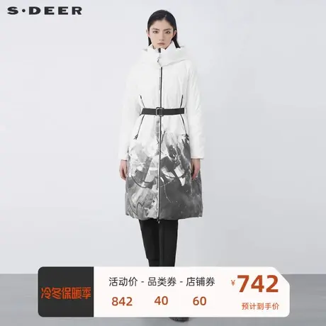 sdeer圣迪奥女装高领连帽字母印花收腰长款羽绒服S21482454图片