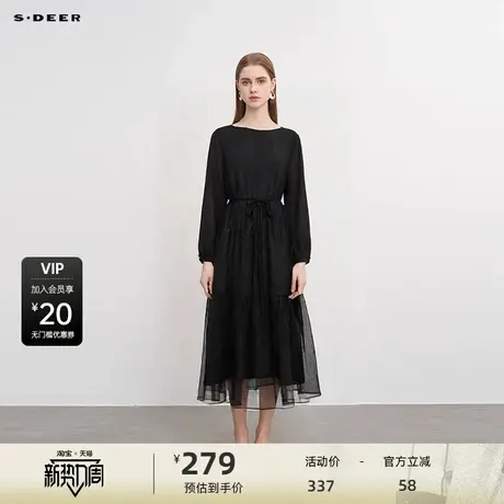sdeer圣迪奥女装秋复古圆领收腰网纱肌理连衣裙S243Z1272图片