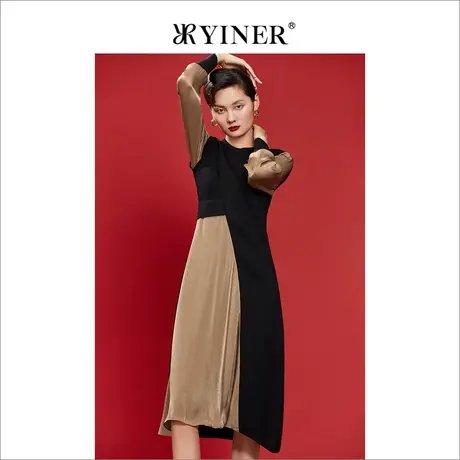 YINER音儿女装秋季长袖气质名媛撞色羊毛针织连衣裙图片