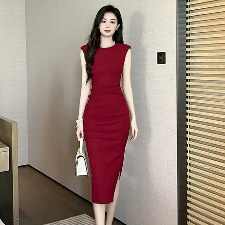 百搭气质女神范连衣裙法式复古修身显身材开叉包臀无袖背心裙新款图片