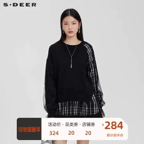 sdeer圣迪奥女装罗纹圆领格纹网纱拼接针织衫S223Z3591商品大图