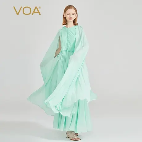 VOA天青色双层乔其纯桑蚕丝圆领飞飞袖木耳边装饰大摆型真丝长裙图片