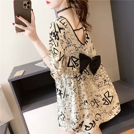 大码睡裙女夏季少女可爱小熊蝴蝶结印花宽松短袖睡衣裙夏天连衣裙图片
