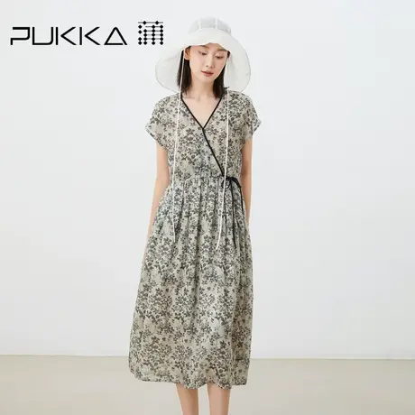 蒲PUKKA 原创设计夏季新品苎麻印花新中式斜门襟显瘦连衣裙图片